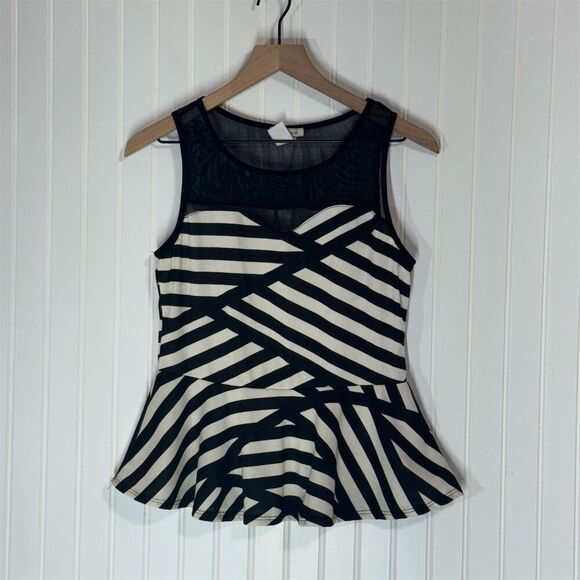 Ambiance Black White Stripe Peplum Top XL Mesh Panel Sleeveless Geometric USA - Picture 1 of 7